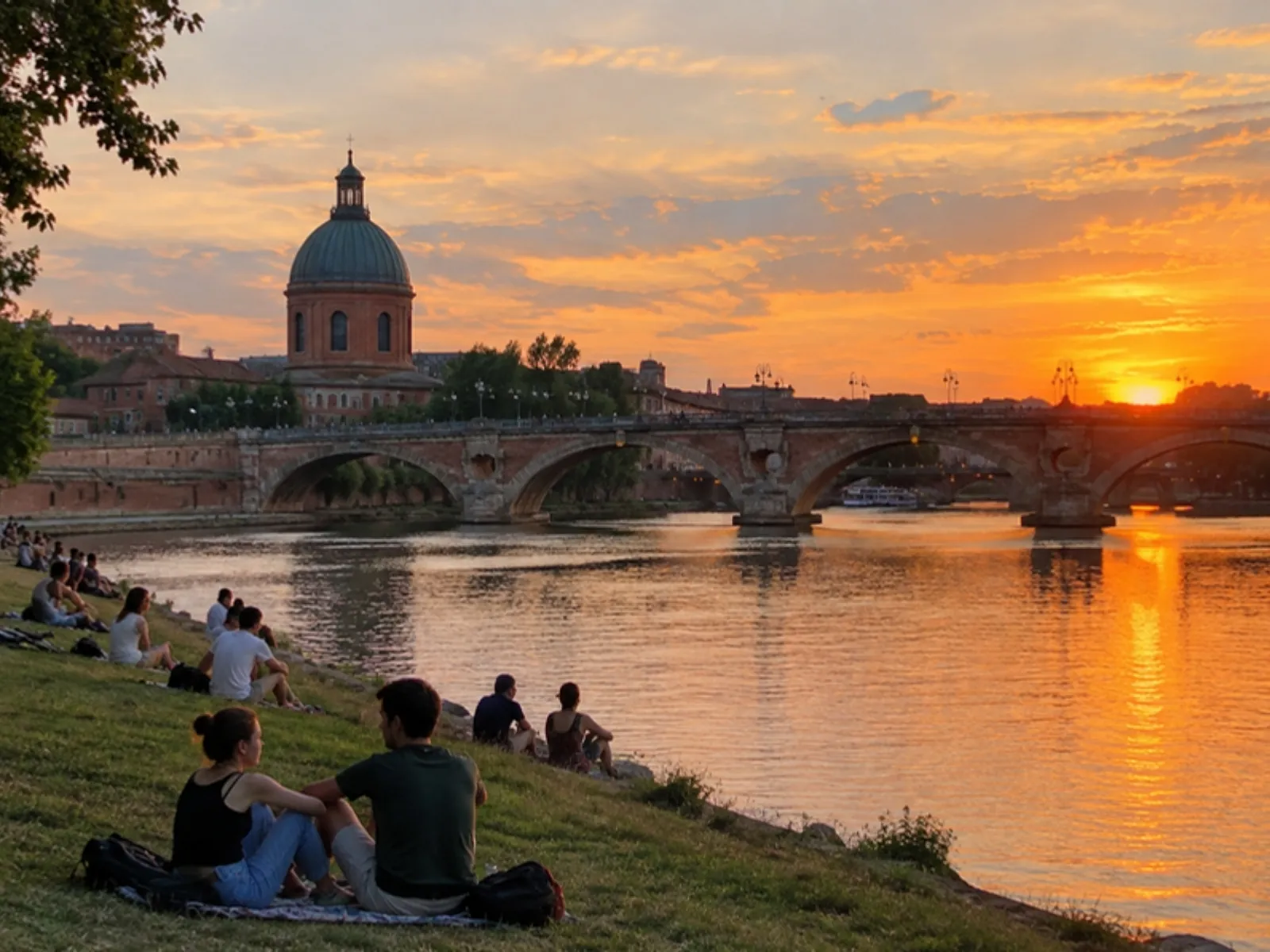 Garonne-Ufer bei Sonnenuntergang (KI-generiertes Symbolbild)